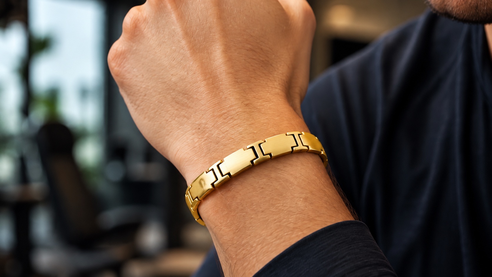 Pulsera de eslabones dorados en la muñeca en el vídeo