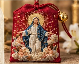 La Asunción · Bolsita roja — María en azul y blanco aparece sobre nubes en una bolsita roja con cascabel dorado.