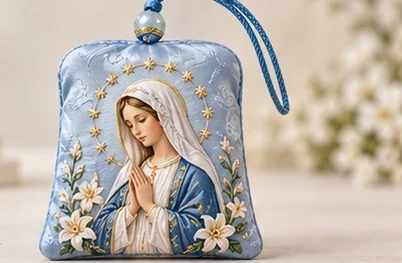 Azure Lilies · Sachet — Mary in prayer, white lilies and gold-tone stars on a pale blue sachet.