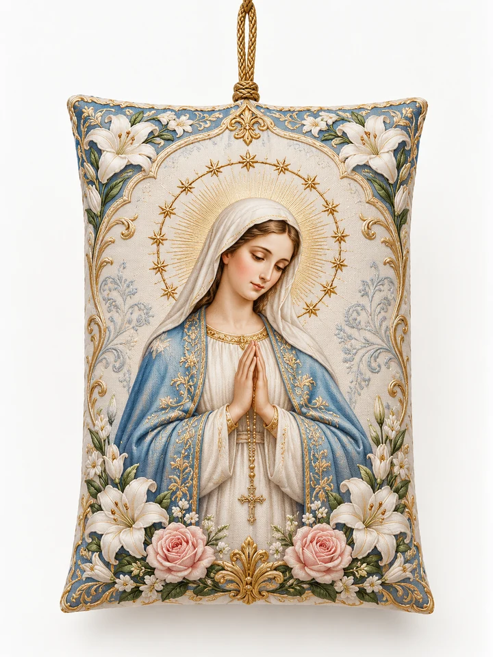 Mary & Roses · Pillow Sachet — Mary in blue and white, surrounded by roses and lilies on an ivory rectangular sachet.