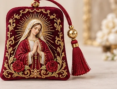 Burgundy Radiance · Sachet — A Marian image with gold-tone rays, roses and a burgundy tassel.