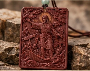 Calming the Storm — Christ stands above a boat and curling waves in a narrative relief.