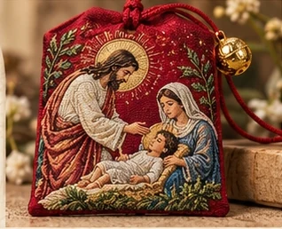 Christ & the Child · Red Sachet — A tender scene of Christ, a child and a mother, surrounded by a red floral border.