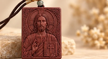 Christ with the Book · Plaque — A front-facing Christ raises his hand beside a cross-marked book.