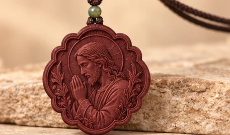 Christ in Prayer · Floral — A praying Christ with a cross and lilies in a scalloped frame.