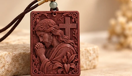 Christ in Prayer · Plaque — Christ bows his head beside a cross and lilies.