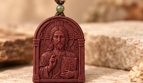 Christ the Teacher — Christ raises one hand and holds a book beneath an arched frame.