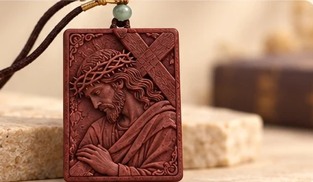 Bearing the Cross · Plaque — Christ in a crown of thorns carries a diagonal cross.