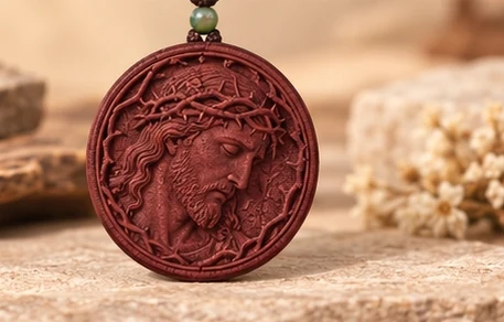 Crown of Thorns · Round — A bowed portrait of Christ in a round braided frame.