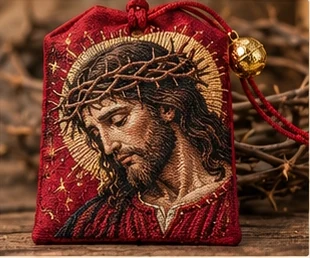 Crown of Thorns · Red Sachet — A close portrait of Christ with a crown of thorns on deep red fabric.