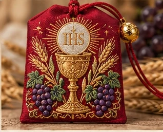 The Eucharist · Red Sachet — A chalice and host with wheat and grapes on a red sachet.