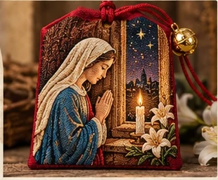 Evening Prayer · Red Sachet — Mary in prayer beside a candle and lilies, with a dark blue night sky.