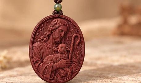 The Good Shepherd · Oval — Christ cradles a lamb within an oval frame.