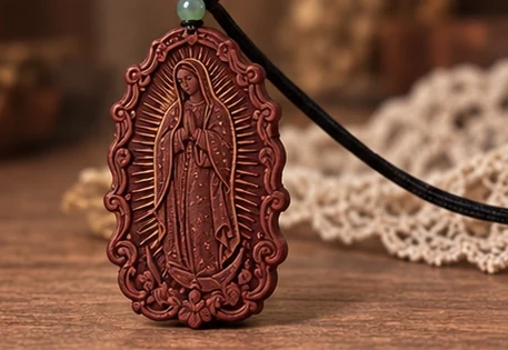 Our Lady of Guadalupe · Ornate — A full-length Marian image with radiating lines and an ornate border.