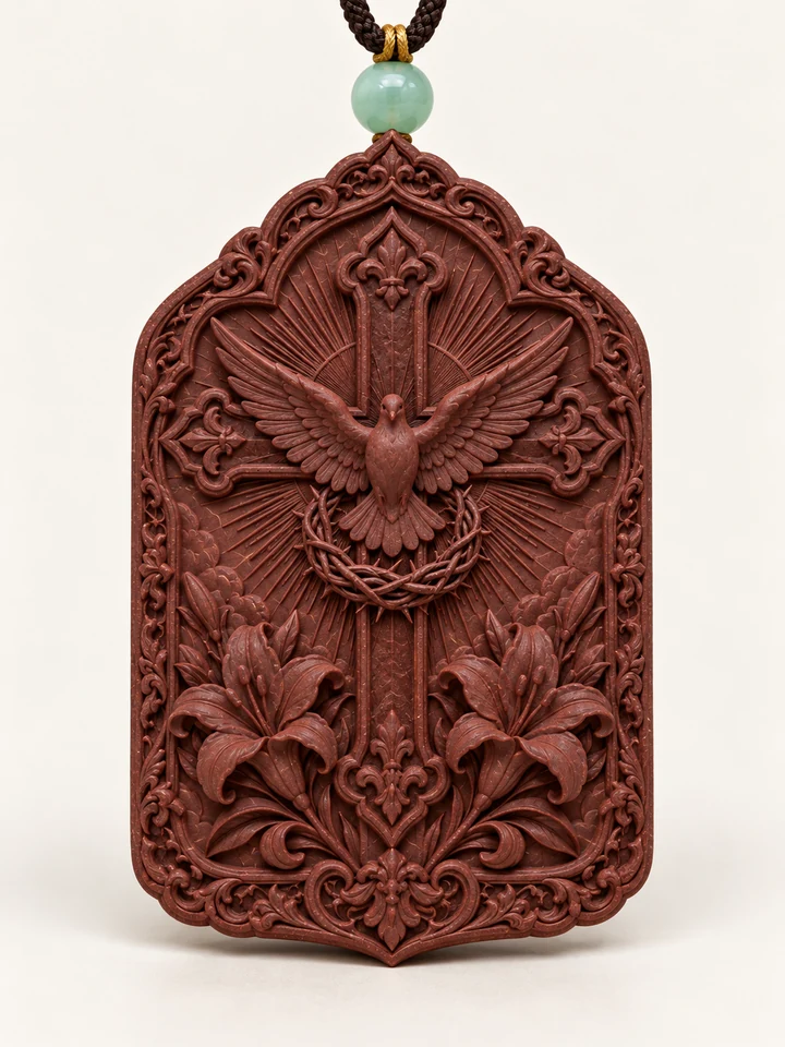 The Holy Spirit · Relief — A dove spreads its wings before a cross, above lilies in an ornate relief.