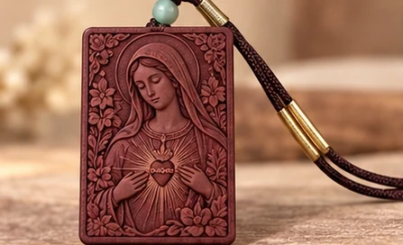 Immaculate Heart · Plaque — Mary holds a radiating heart above a bed of flowers.