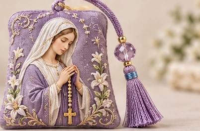 Iris Rosary · Sachet — Mary holds a rosary on lilac fabric with lilies and a matching tassel.