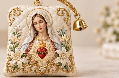 Ivory Heart · Sachet — The Immaculate Heart of Mary, white lilies and a gold-tone bell.