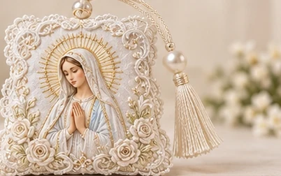 Ivory Lace · Sachet — A praying Mary within a pale lace-like border and floral details.