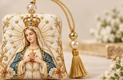 Ivory Queen · Sachet — A crowned Mary with floral scrollwork and a gold-tone tassel.
