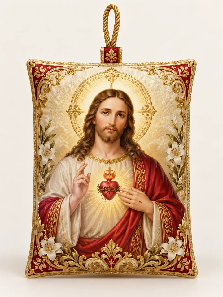 Sacred Heart · Pillow Sachet — Christ with the Sacred Heart and lilies, framed by red and gold-tone ornament.