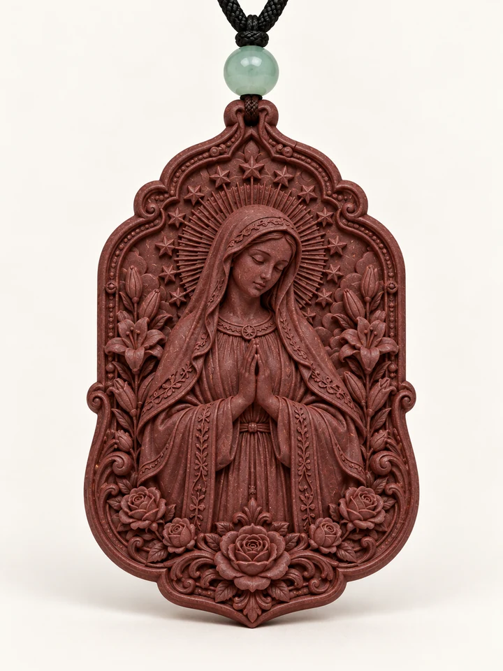 Mary at Prayer — Mary with folded hands and lilies in an ornate floral relief.