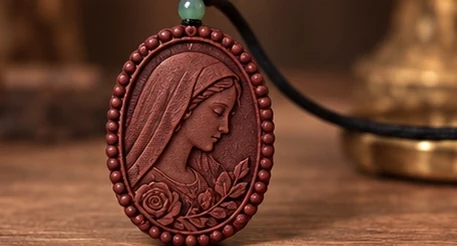 Mary · Beaded Oval — A Marian profile and roses within a bead-like oval border.