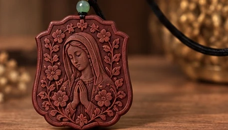 Mary · Floral Shield — A praying Mary surrounded by small flowers in a shield-shaped outline.