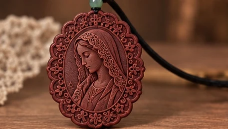 Mary · Lace Profile — A side profile framed by lace-like floral relief.