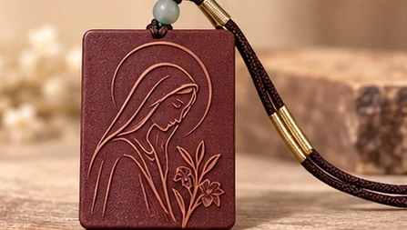 Mary · Simple Outline — A minimal outline of Mary and a lily on a plain plaque.