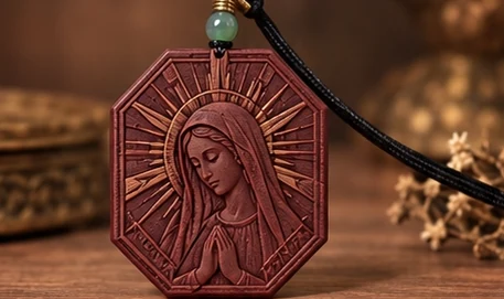 Radiant Mary · Octagon — Mary with folded hands and a sunburst in an octagonal frame.