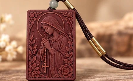Mary & the Rosary · Plaque — Mary bows over a rosary with a small cross.