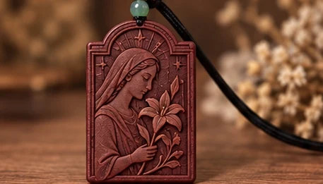 Mary with a Lily — Mary looks towards a lily within a narrow stepped frame.