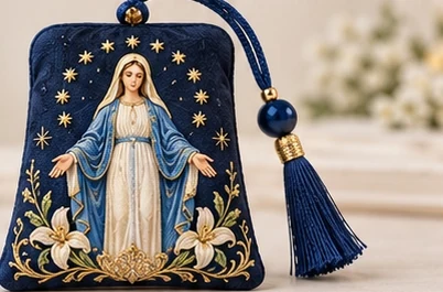Gracia de medianoche · Bolsita — María con los brazos abiertos, estrellas doradas y lirios sobre azul intenso.