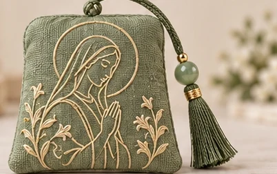 Olive Contour · Sachet — A fine Marian outline and botanical motifs on olive-green fabric.