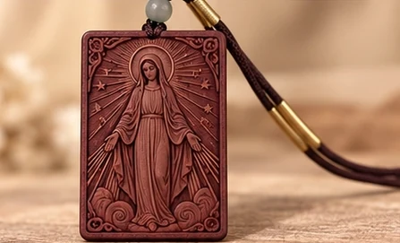 Mary with Open Arms · Plaque — A full-length Mary opens her arms beneath a halo.