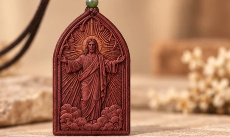 Risen Christ · Arch — Christ with open arms, rays and clouds beneath a pointed arch.