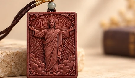 Risen Christ · Plaque — An open-armed Christ stands among rays and clouds.