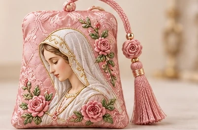 Rose Garden · Sachet — A Marian profile, pink roses and a matching rose-tone tassel.