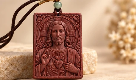 Sacred Heart · Floral Plaque — Christ gestures towards his heart, framed by a floral rectangle.