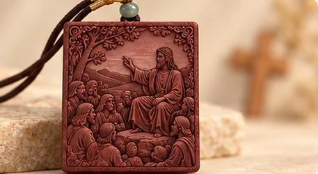 The Sermon · Floral Plaque — Christ teaches a seated crowd beneath branches.