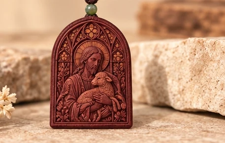 The Shepherd · Cathedral — Christ holds a lamb beneath a decorative pointed window.