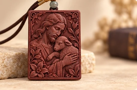 The Shepherd & Lily · Plaque — Christ embraces a lamb beside a lily stem.