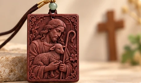 The Shepherd · Floral Plaque — Christ carries a lamb beside a shepherd’s staff.