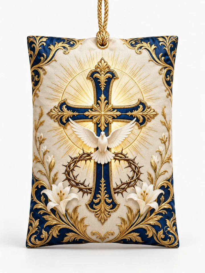 Cross & Dove · Pillow Sachet — A blue-and-gold-tone cross, a white dove and lilies on an ivory rectangular sachet.