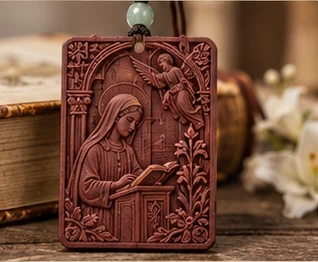 The Annunciation — Mary at a reading stand, framed by an angel and lilies.