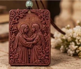 The Visitation — Mary and Elizabeth face one another within a floral border.