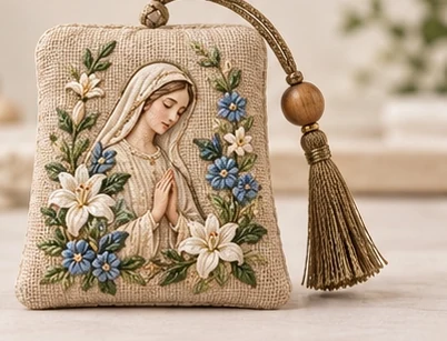 Wildflower Prayer · Sachet — Mary in prayer among small blue and white flowers on a natural-tone ground.